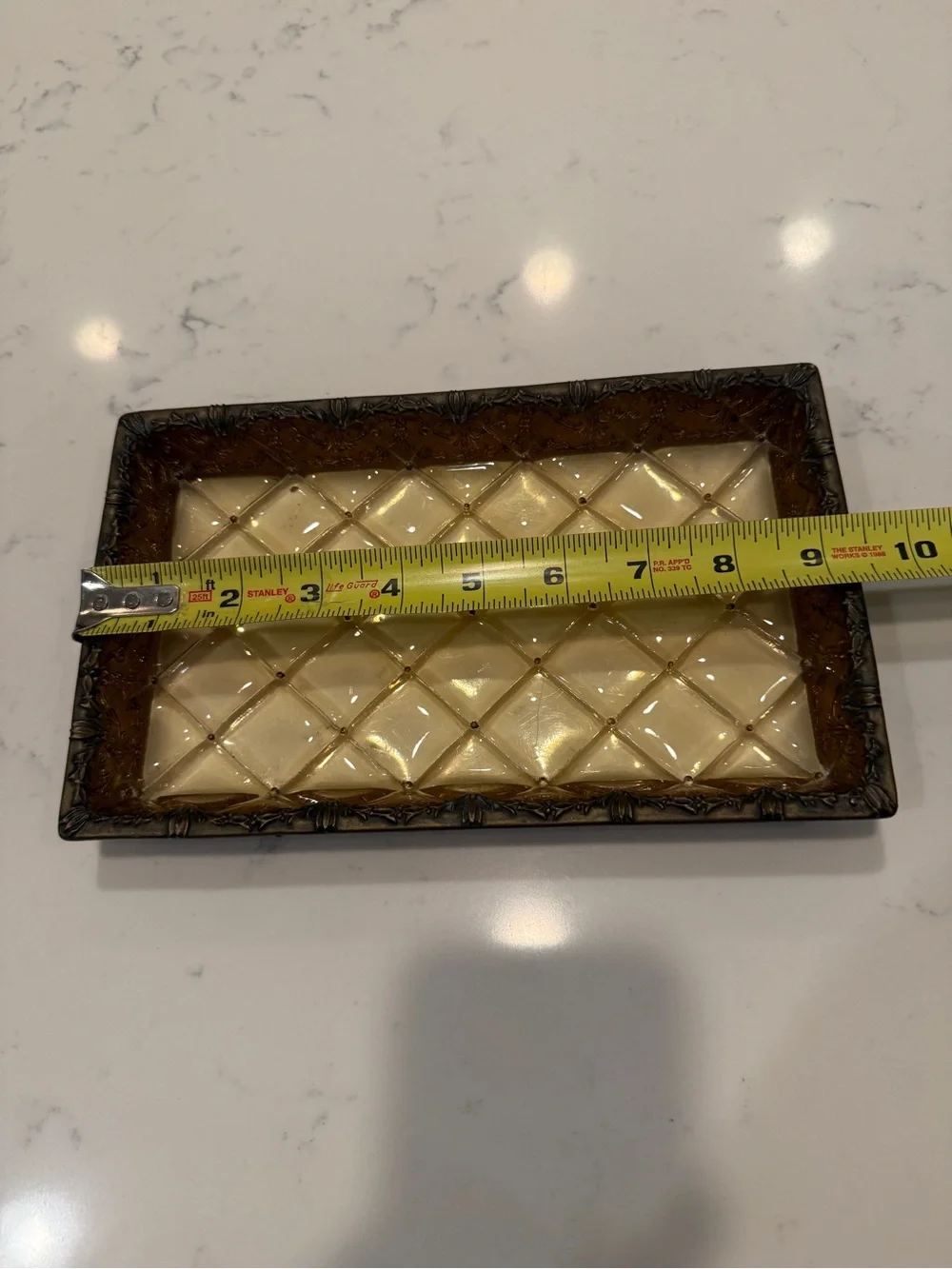 Vintage Amber Faux Glass Decorative Vanity Tray Brass Tone Filigree Catchall